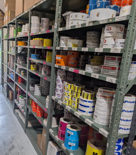 rack of printed labels